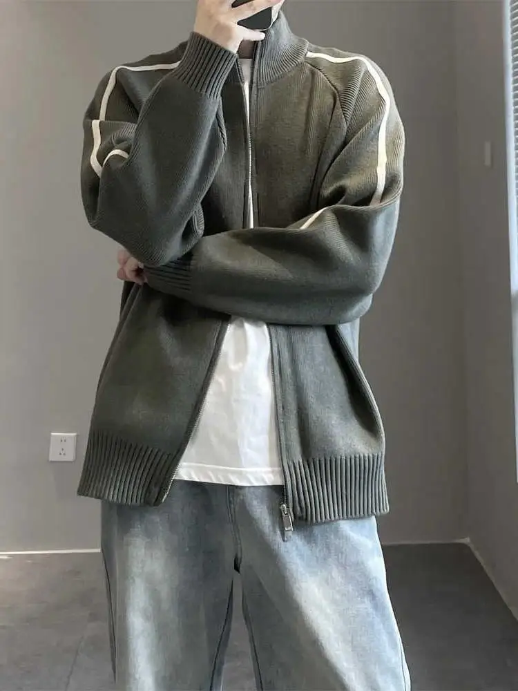 

Мужской вязаный кардиган свободного кроя с воротником-стойкой, осенняя верхняя одежда, универсальный, удобный, из полиэфирного волокна, с длинными рукавами