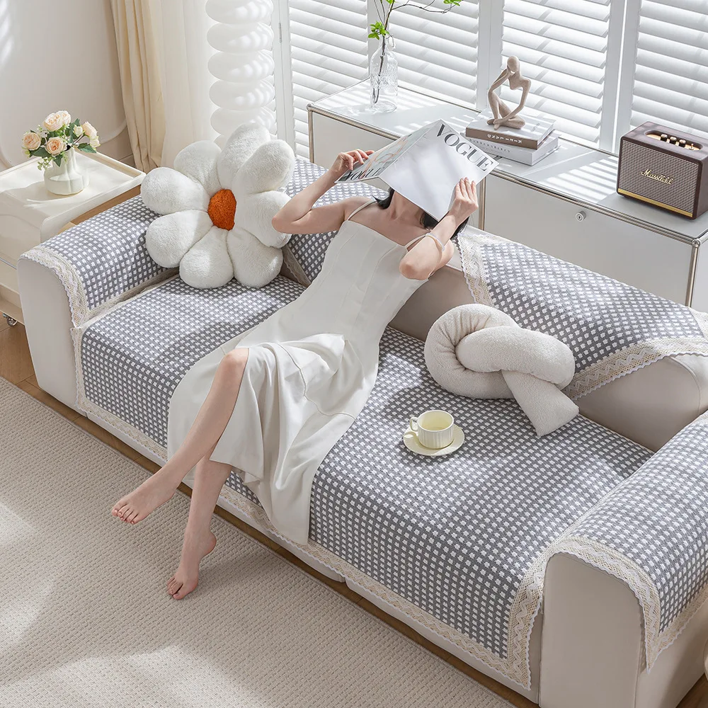 Cotton Linen Sofa Cushion Four Seasons Universal Weaving Plaid Non-Slip Sofa Cover Cushion Thickened Living Room Furniture Dust