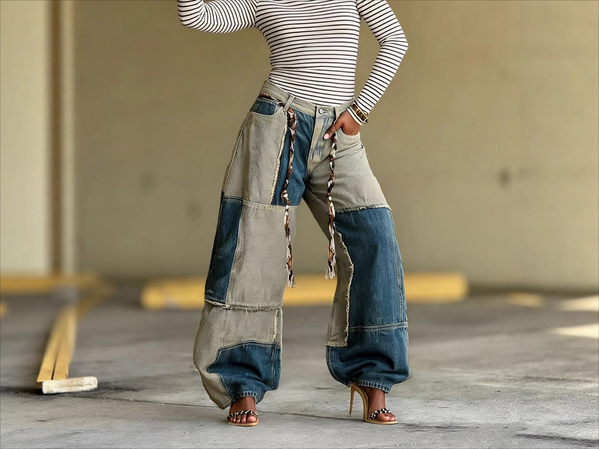 

2026 New Casual Fashion Two-color Splicing Contrasting Color Edge with Belt Jeans