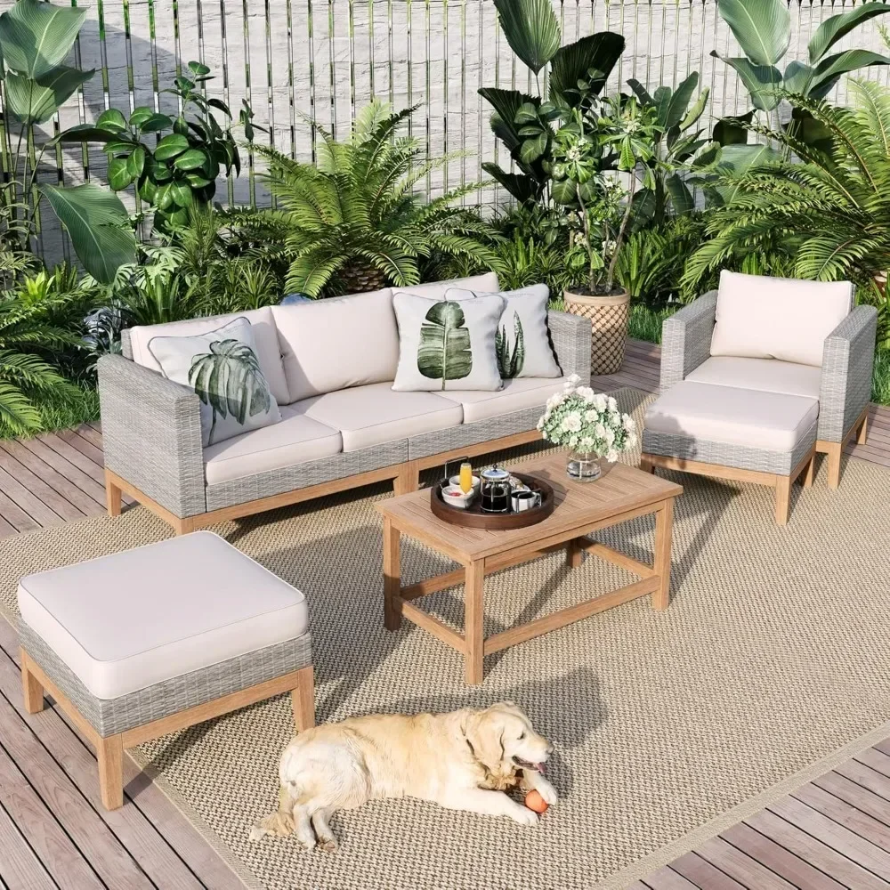 

Outdoor Patio Furniture Sets, 5-Piece All-Weather Patio Conversation Set, High Back Wicker Rattan Setional Sofa with Chairs