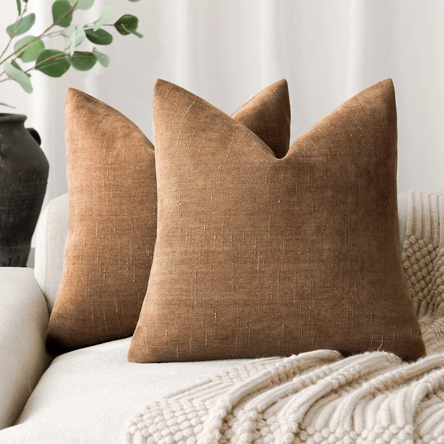 

Pack of 2 Soft Textured Throw Pillow Covers Square Accent Solid Cushion Cover Cozy Farmhouse Pillow Case with Zippe for Couch