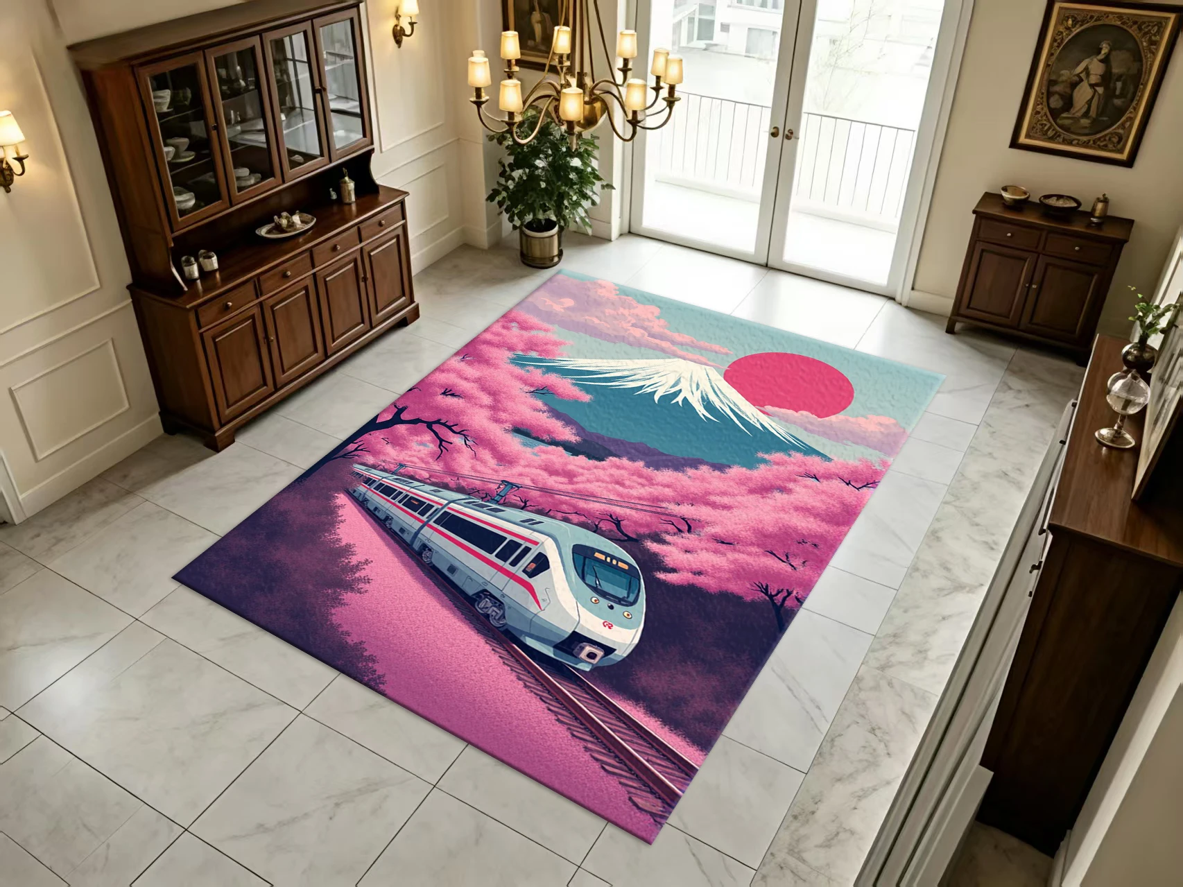 Anime Style Cherry Blossom Mountain High‑Speed Train Scenery Carpet Flooring Art Home Living Room Bedroom Decor Rug