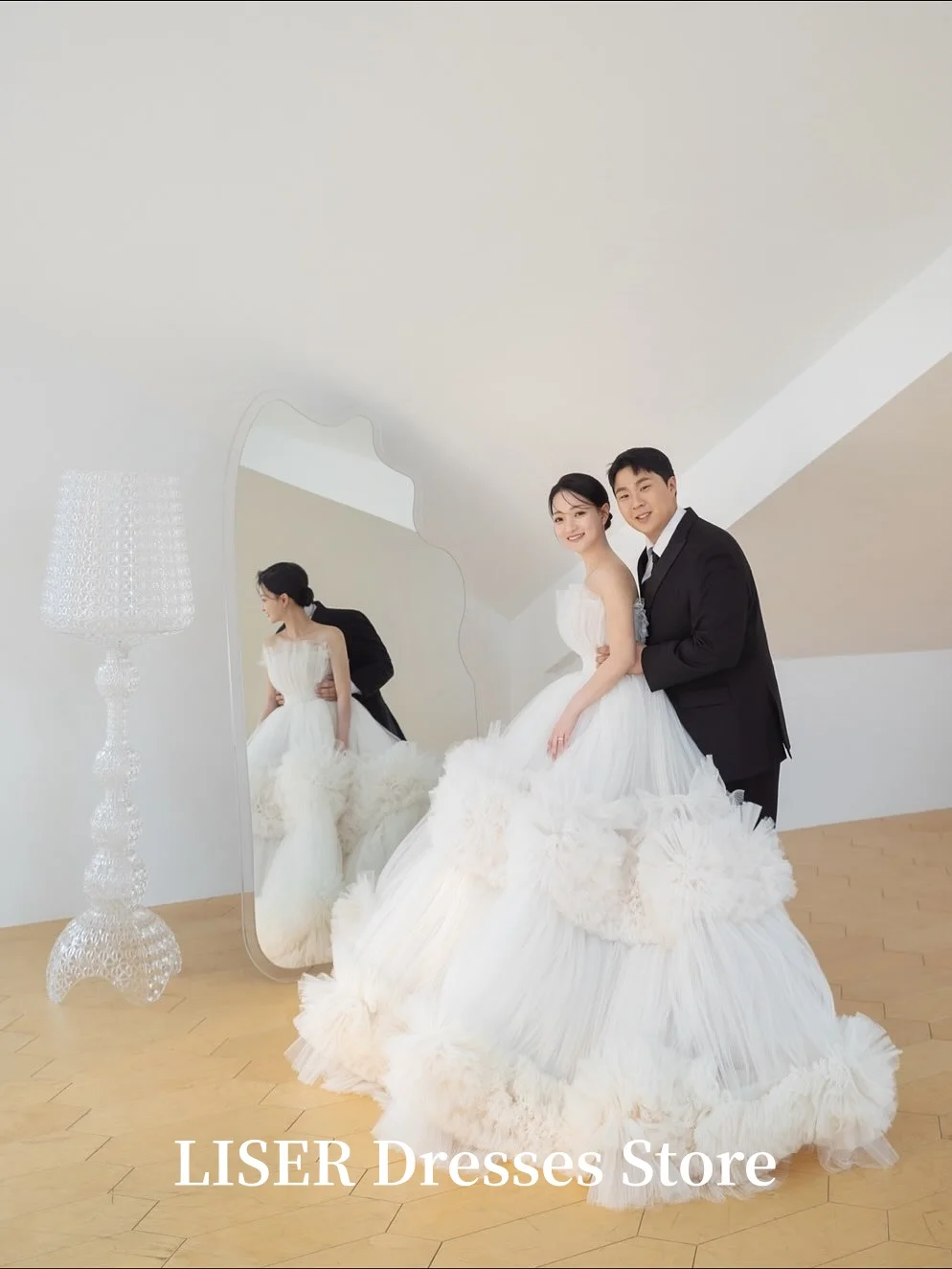 Liser Tiered A-Line Luxury Korea Wedding Dresses Silk Tulle Elegant Bridal Gowns Customized Ball Gowns Photo Shoot 웨딩드레스
