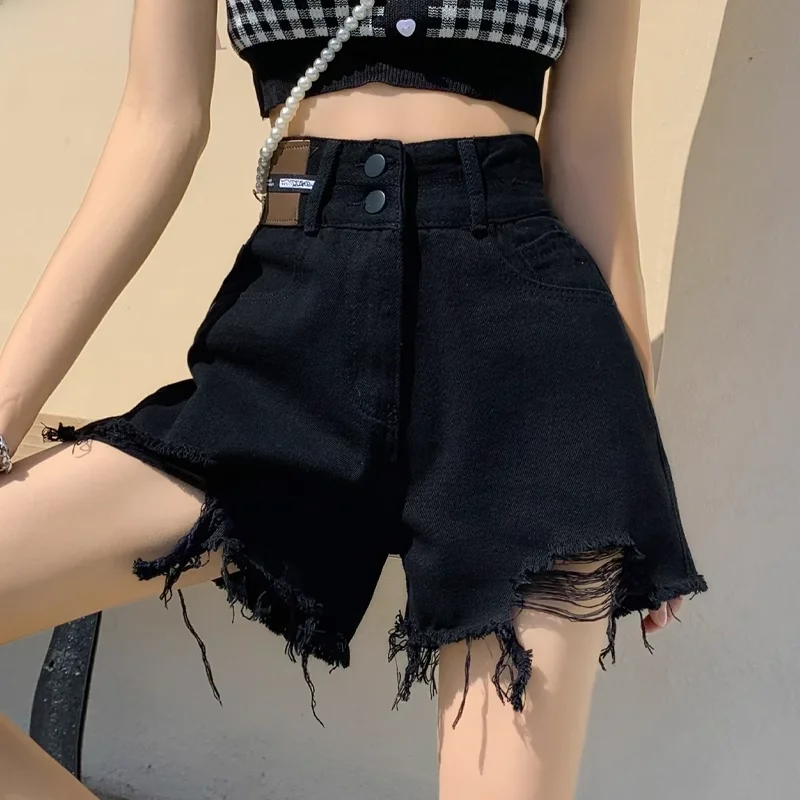 

Black High Waist A-Line Wide Leg Short Jeans Women Summer New Style INS Trendy plus Size Frayed Hot Pants Casual Skinnies