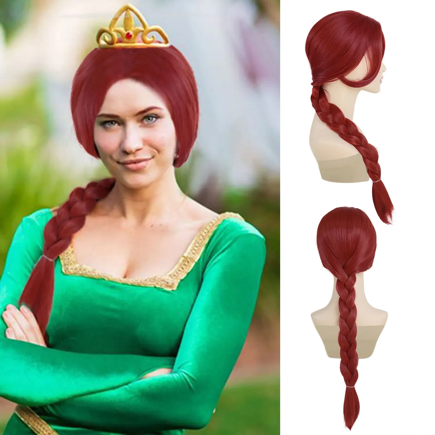 Shrek Anime Synthetic Hair Long Braided Reddish Brown Heat Resistant Costume Wig for Fiona Cosplay Adult Fiona Costume Women