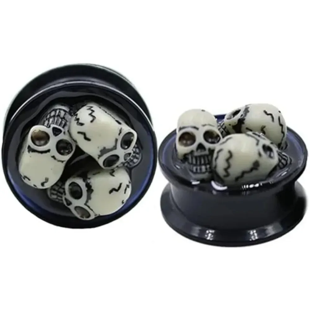 1 Paar schwarze Acryl-Ohrstöpsel mit Totenkopf-Motiv, Gehörkanalmessgerät, Expander, Ohrstöpsel, Piercing-Schmuck, 10 mm – 20 mm – Detail 2