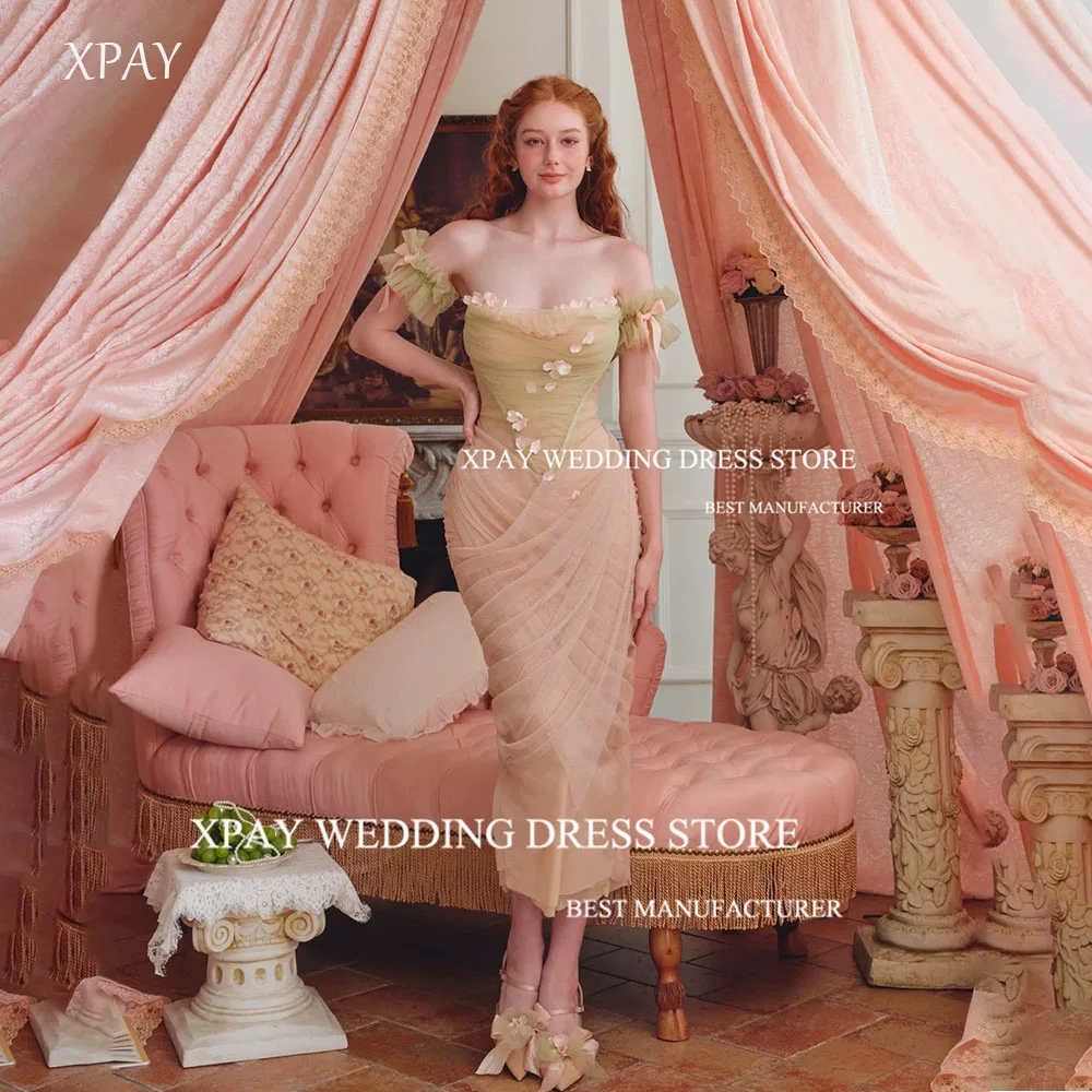 

XPAY Dreamy Fairy Flowers Mermaid Korea Evening Dresses Detachable Sleeves Photos Shoot Dress Customized Bride Reception Dress