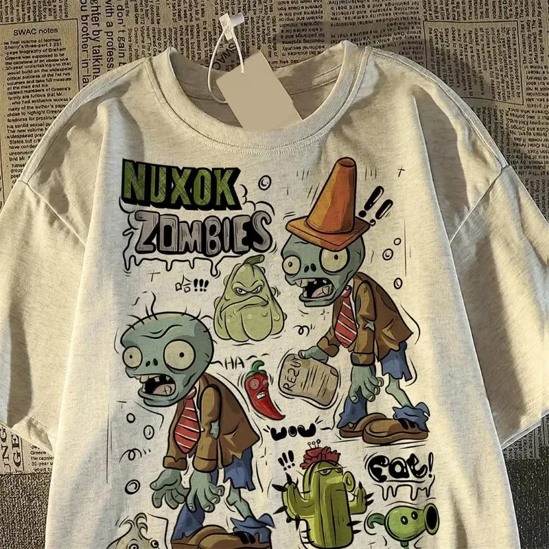 Y2K نباتات شارع العليا ضد الزومبي نمط الرسوم المتحركة المطبوعة زوجين جولة الرقبة قصيرة الأكمام الرجعية القوطية الشرير فضفاض تي شيرت
