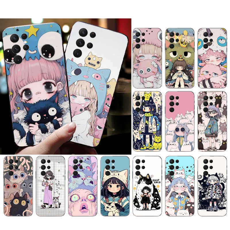 Anime Cartoon Cute Girl Cat Dog Case For Samsung Galaxy A15 A35 A55 A52 A53 A54 A33 A34 A25 A05S A16 A14 A05 A13 M15 M55 M35