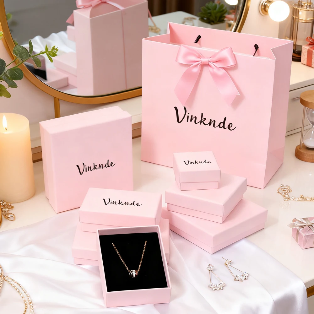 100 قطعة شعار مخصص قلادة صندوق مجوهرات حلقة القرط هدية صناديق تخزين الوردي ورقة المجوهرات حاوية التعبئة والتغليف هدايا الزفاف #1
