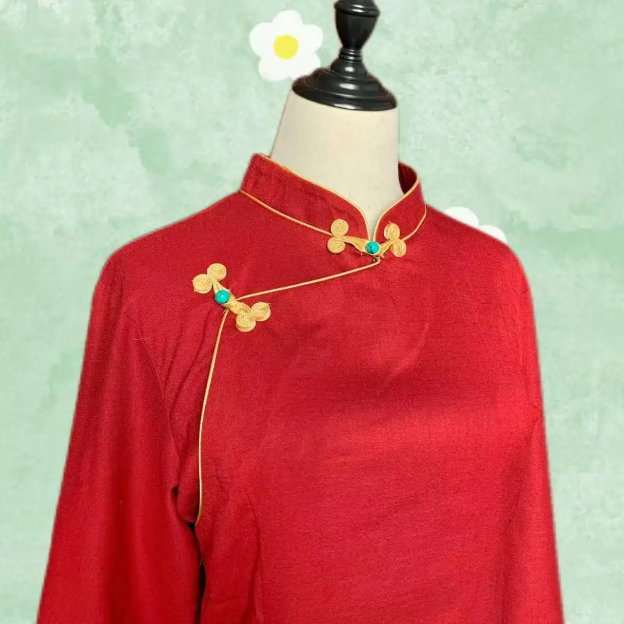 

Men's and women's same Tibetan stand-up collar gold edge buckle turquoise shirt slim fit Chinese red