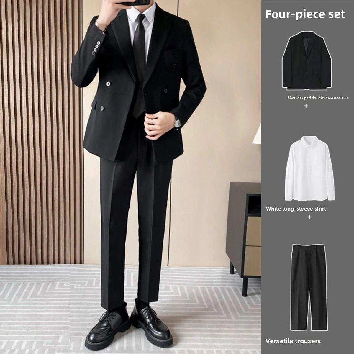

Casual Double-Breasted Korean Sle Men's Suit Set with Pad oulder Busin irt Notch Lapel Tee-Button Suit Jaet