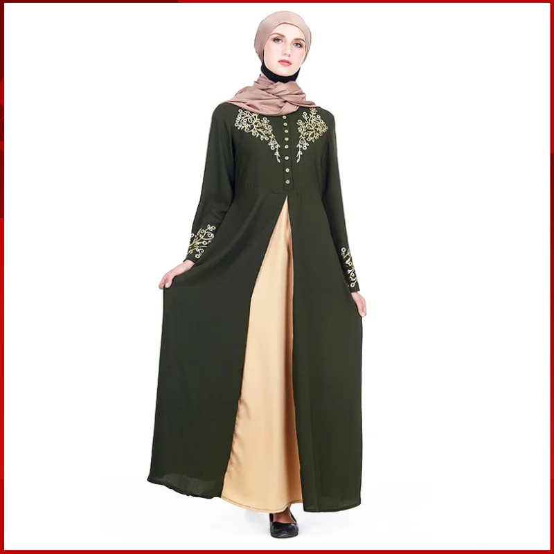 2024 New Muslim Leisure Fashion Stamping Print Long Sleeve Pants Print Round Neck Pullover Mid Waist Dress