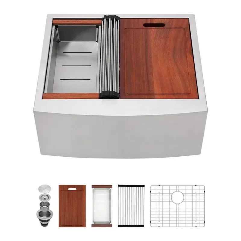 Modern Farmhouse Kitchen Sink Single Bowl Apron Front Handmade SUS 304 Stainless Steel Workstation Design No 16 Style for