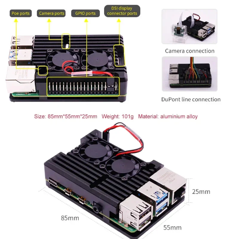 알루미늄 합금 이중 선풍기 냉각 보호 금속 섀시 쉘, 라즈베리 파이 4 세대 4B 아머 케이스