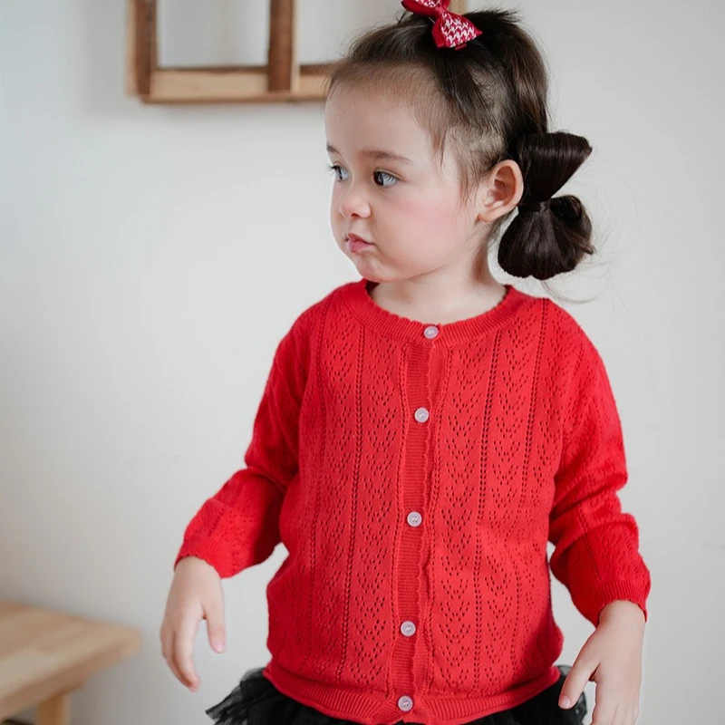 Hollow Out Children's Knitted Cardigan Girls' Long Sleeved Jacket Shawl Baby Sunscreen Air Conditioning Shirt Thin Design