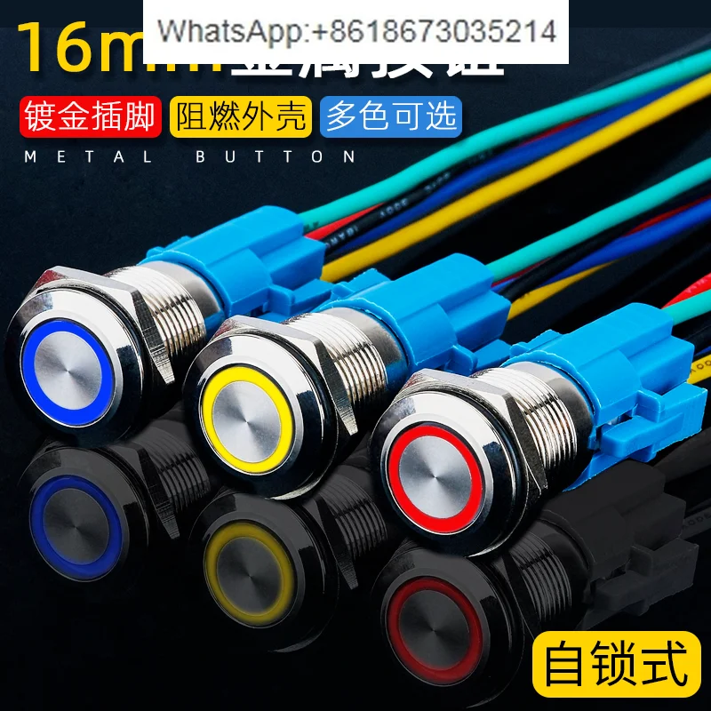 16MM metal button switch flat ring with LED light self-locking car switch modification 6 12 24 220v