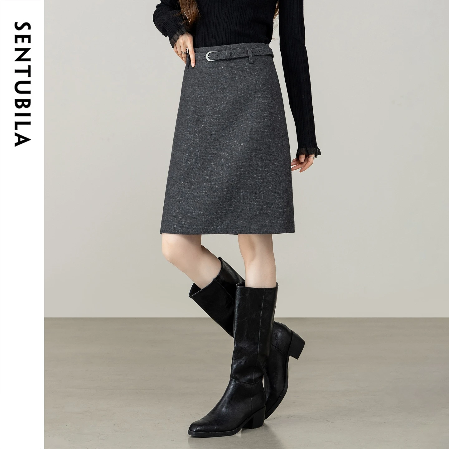 SENTUBILA Winter Knee Length Skirt for Women Wool Straight Grey Removable Belt Skirt 2026 Slim Fit Female Clothing 164QF8540