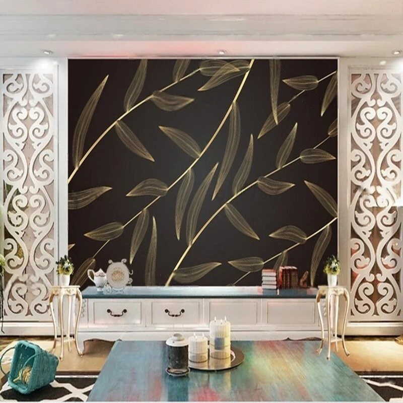 Simple And Creative Golden Willow Leaf Artistic Hand-Drawn Warm TV Room Luxurious Decoration Poster Mural Custom Wall Sticker