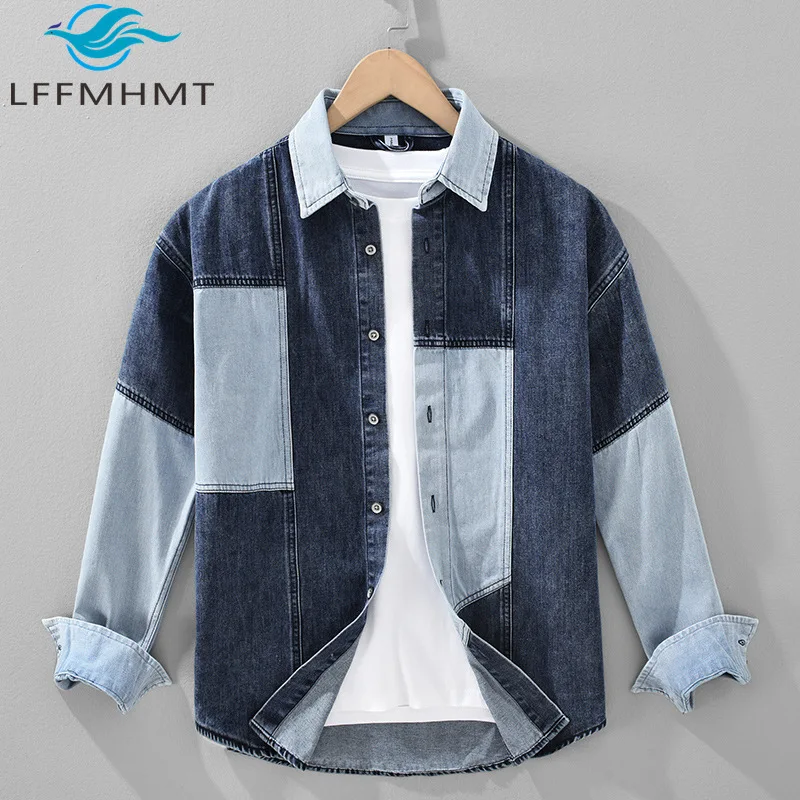 

Y2526 Spring Fashion Fresh Style Contrast Color Patchwork Retro Long Sleeve Denim Shirt for Men Good Quality Youth Casual Tops