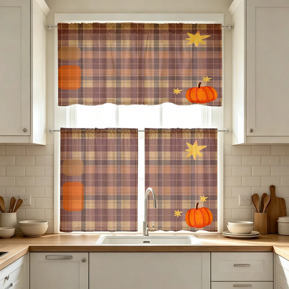 Farmhouse Kitchen Curtains, Pumpkin Plaid Star Fall, Digital Print, Kitchen Dining Room, Rod Pocket Polyester, Home Decor