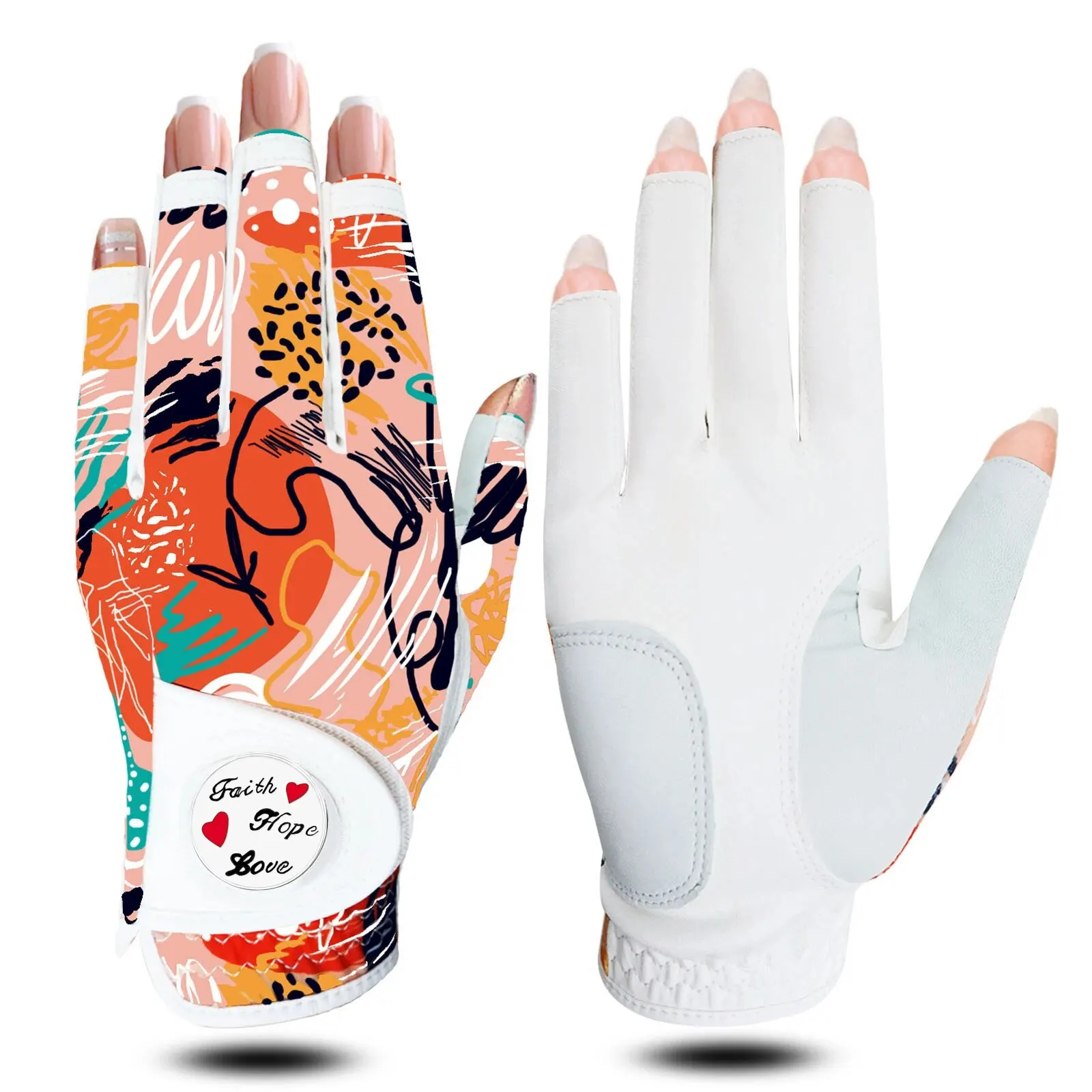 Golf Gloves Women Half Finger Left Hand with Ball Marker 1 Pack, All Weather Glove for Right Left Handed Golfer