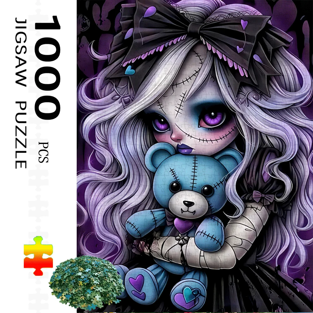 

1000pcs Gothic Girl & Blue Teddy Bear Puzzle - Large Challenging Adult Puzzle with Intricate Purple & Black Art, Victorian-Ins