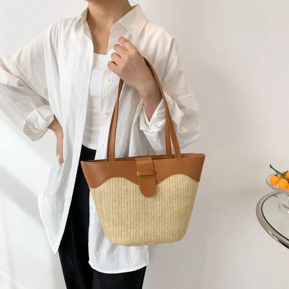 Summer Straw Small Bucket Bag 2024 Trendy Handbags for Women Hand Weaving Clutch Female Leather Shoulder Shopping Bag Tote Purse