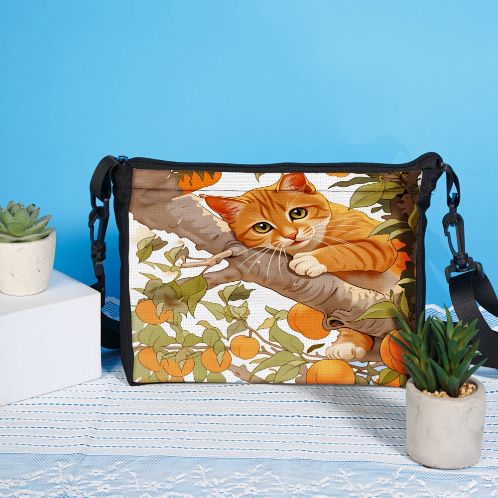 1pc Cat Print Crossbody Bag Orange Color With Tangerine And Leaves Pattern Shoulder Bags For Women Casual Daily Use Travel Shopp
