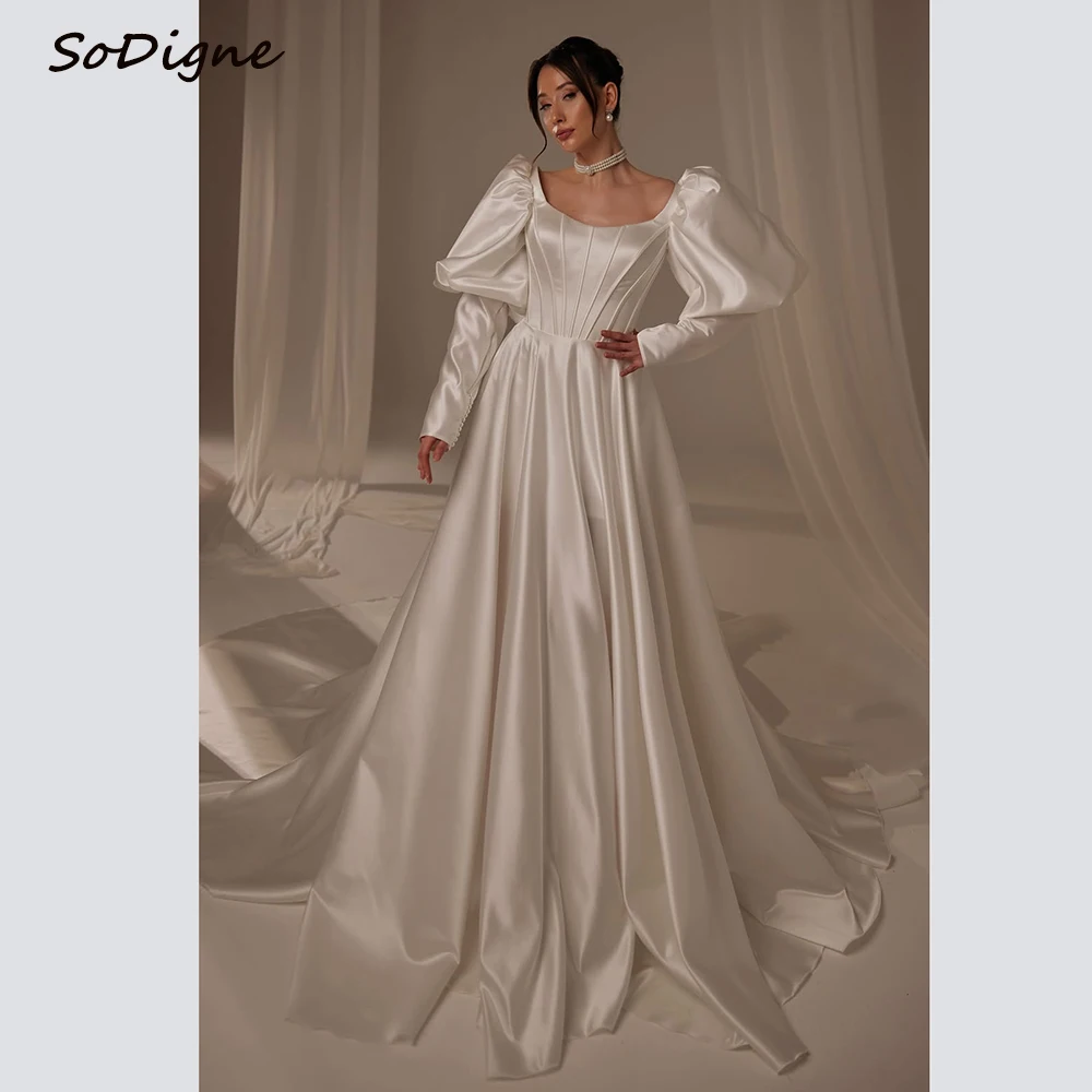 

SoDigne A-line Satin Simple Wedding Dresses Scoop Full Sleeves Bridal Dress Long Wedding Gown Robe De Mairee ﻿Customized ﻿