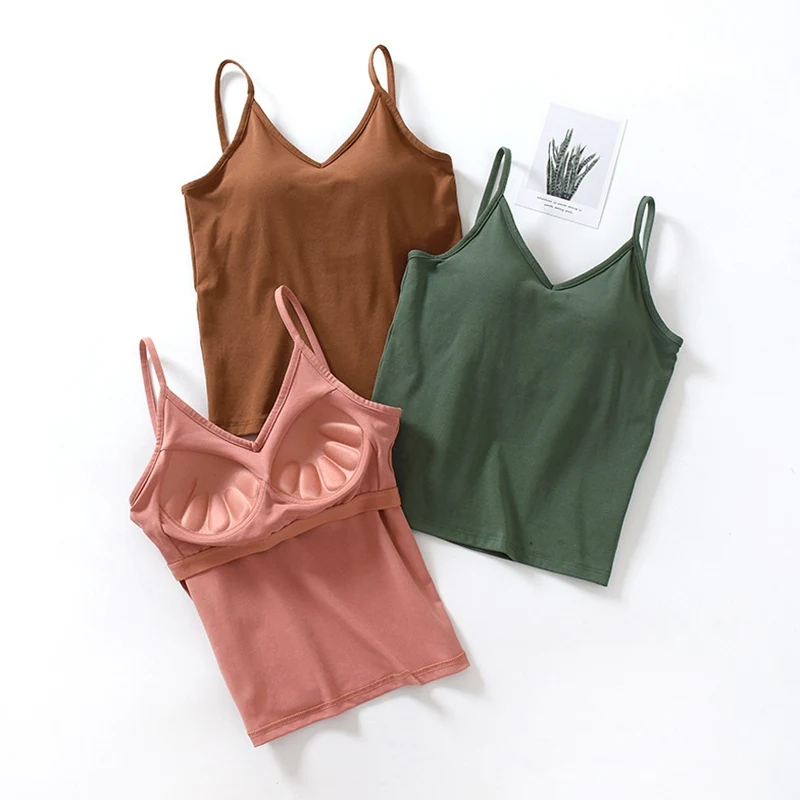 Women's Cotton V-Neck Camisole With Chest Pad Sleeveless Spaghetti Strap Soft Casual Crop Top With Built In Bra