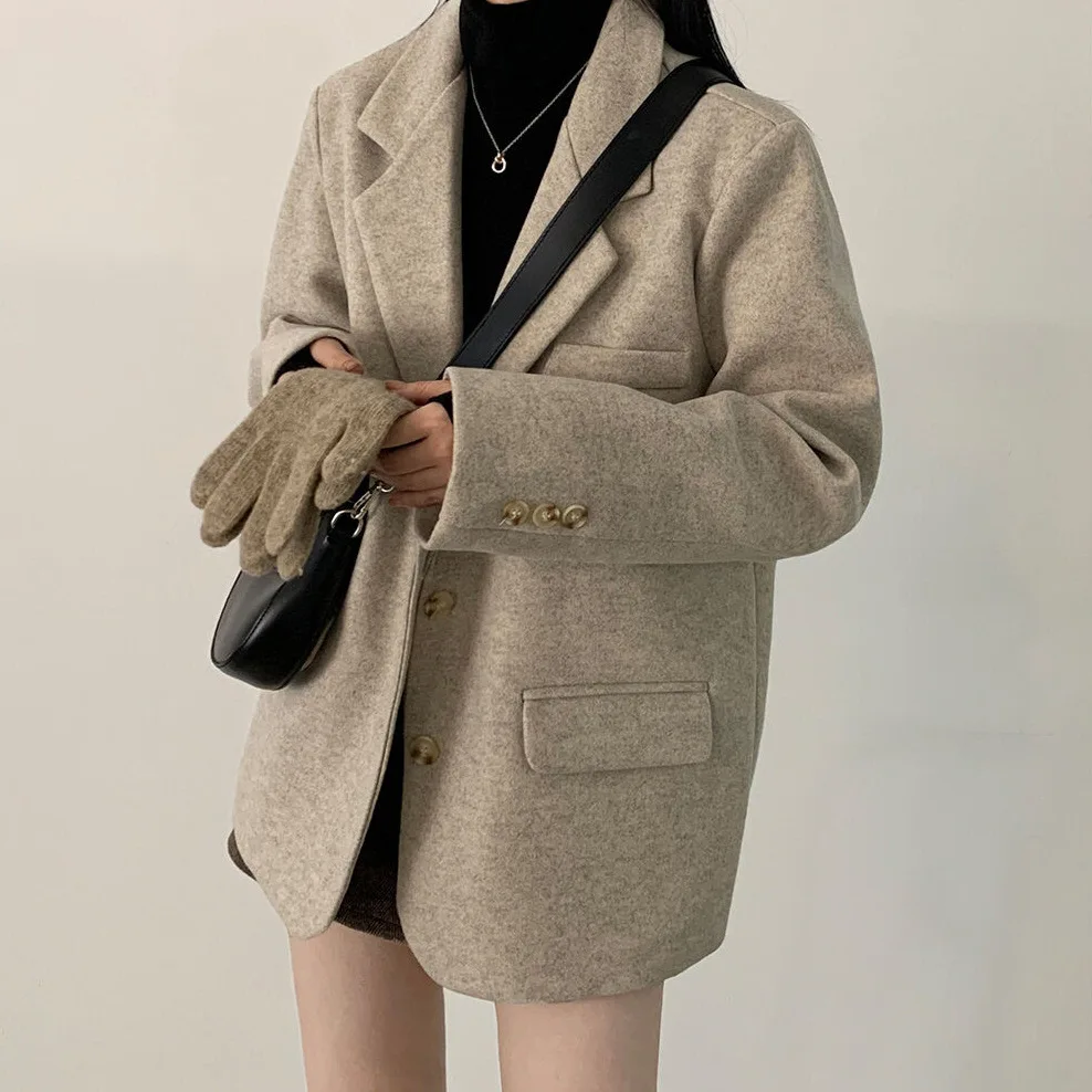 Women Causal Suit 2025 Autumn Winter New Chic Wool Blazer Women's Retro British Style Mid Length Loose Versatile Outerwear