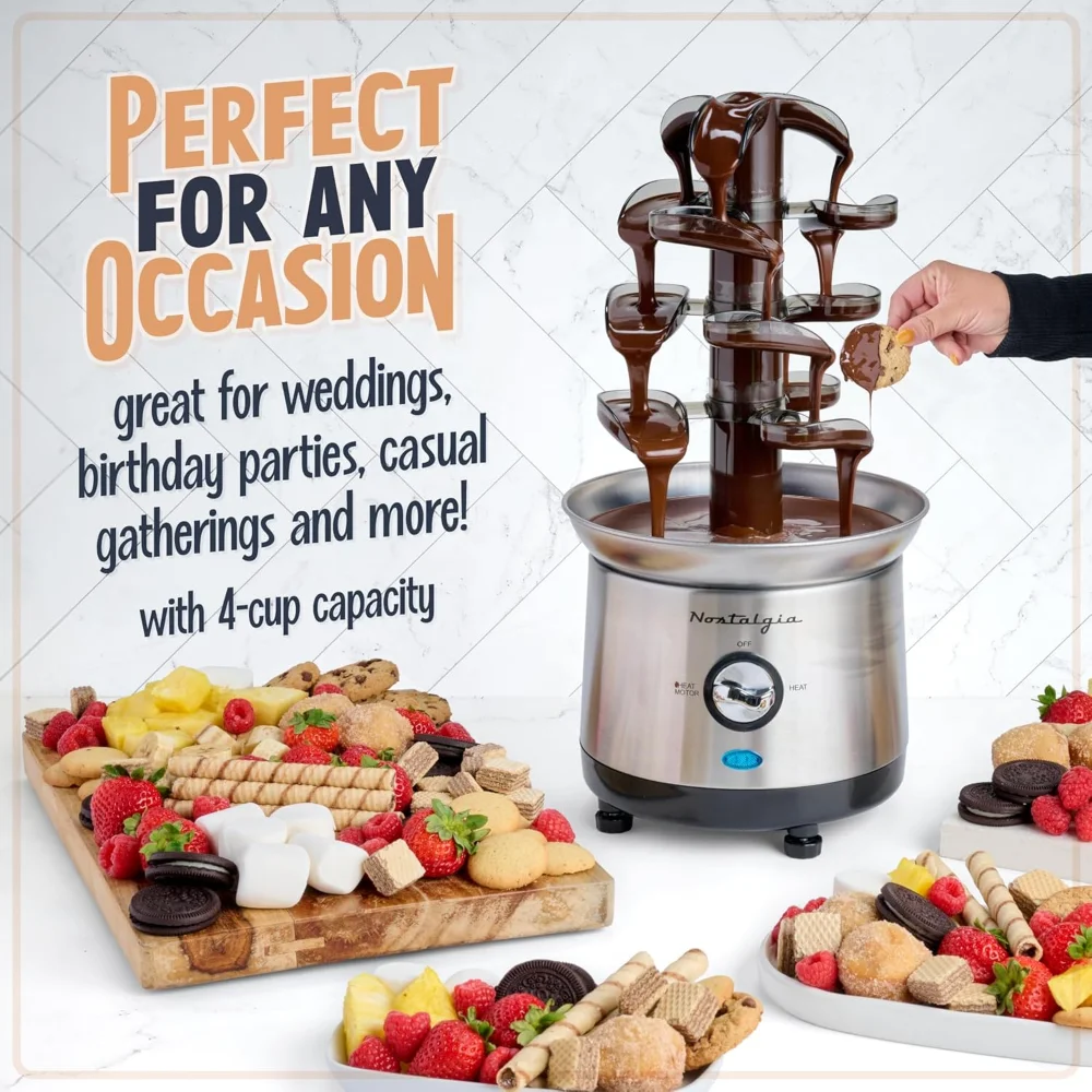 4 Tier Electric Chocolate Fondue Fountain Machine for Parties - Melts Cheese, Queso, Candy, A - 32-Ounce - Stainless Steel