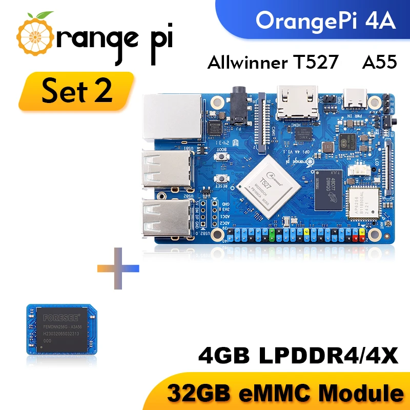 Orange Pi 4A 4GB RAM + 32GB eMMC Module Single Board Computer Allwinner T527 WiFi+BT5.0 BLE M2 NVMe SSD 2TOPS NPU Mini PC