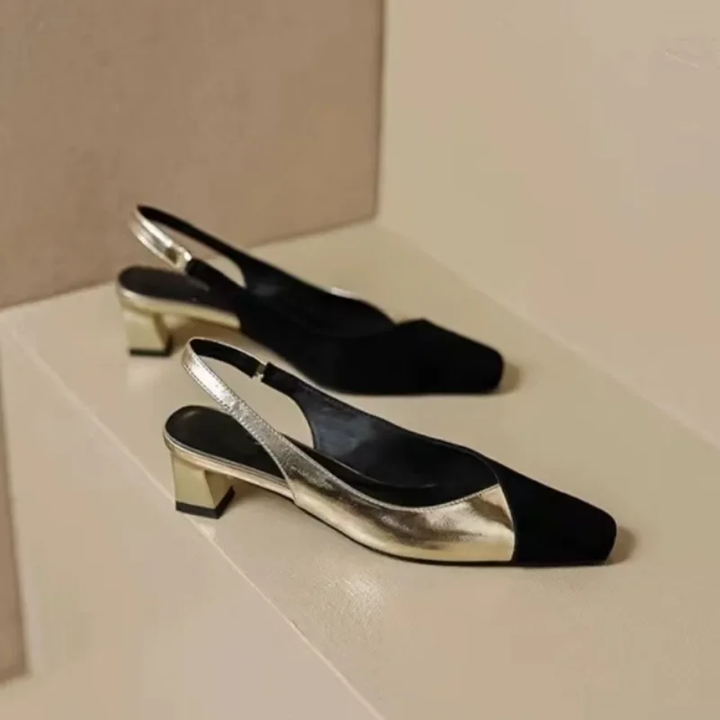 Women Summer Color Block High Heels French Pointed Square Heels Silver Gold Elegant High Heel Sandals New Mary Jane Single Shoes