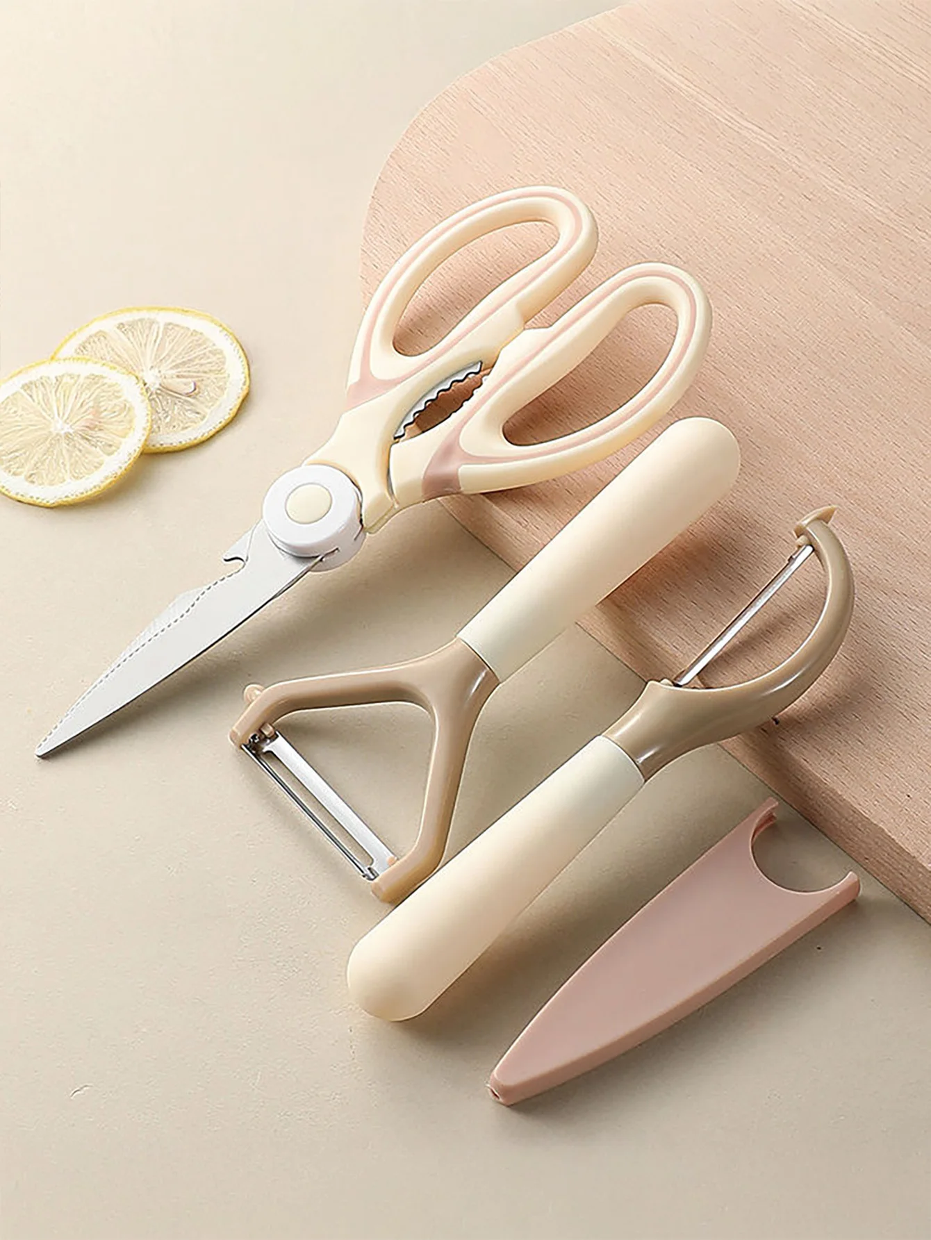 3-Piece Kitchen Tool Set - Pastel Beige  Multifunctional Scissors & Peeler for Cooking