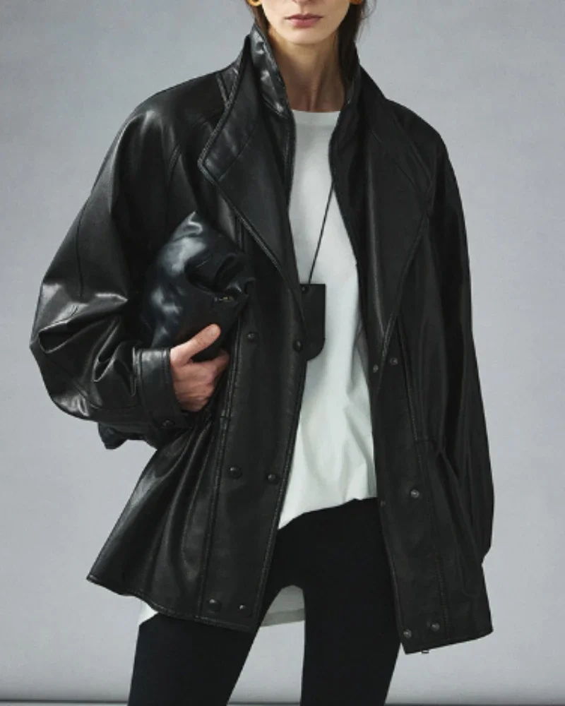 veste Spring and Autumn Double Collar Drawn Waist Leather Jacket Retro Medium Long Loose Skinny Leather Coat for Women