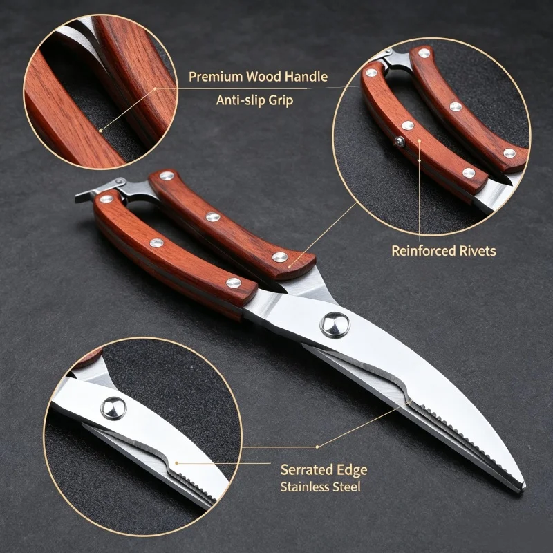 Multifunctional Kitchen Scissors Set with Wood Handle Sharp Stainless Steel Blades for Meat Vegetables Ideal for Daily Meal Prep