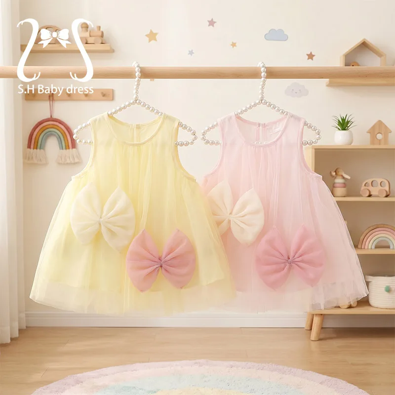 

Girls Baby Sleeveless Big Bow Tulle Dress Cute Toddler Kids Princess A-Line Summer Sundress Children Lovely Thin Soft Clothes