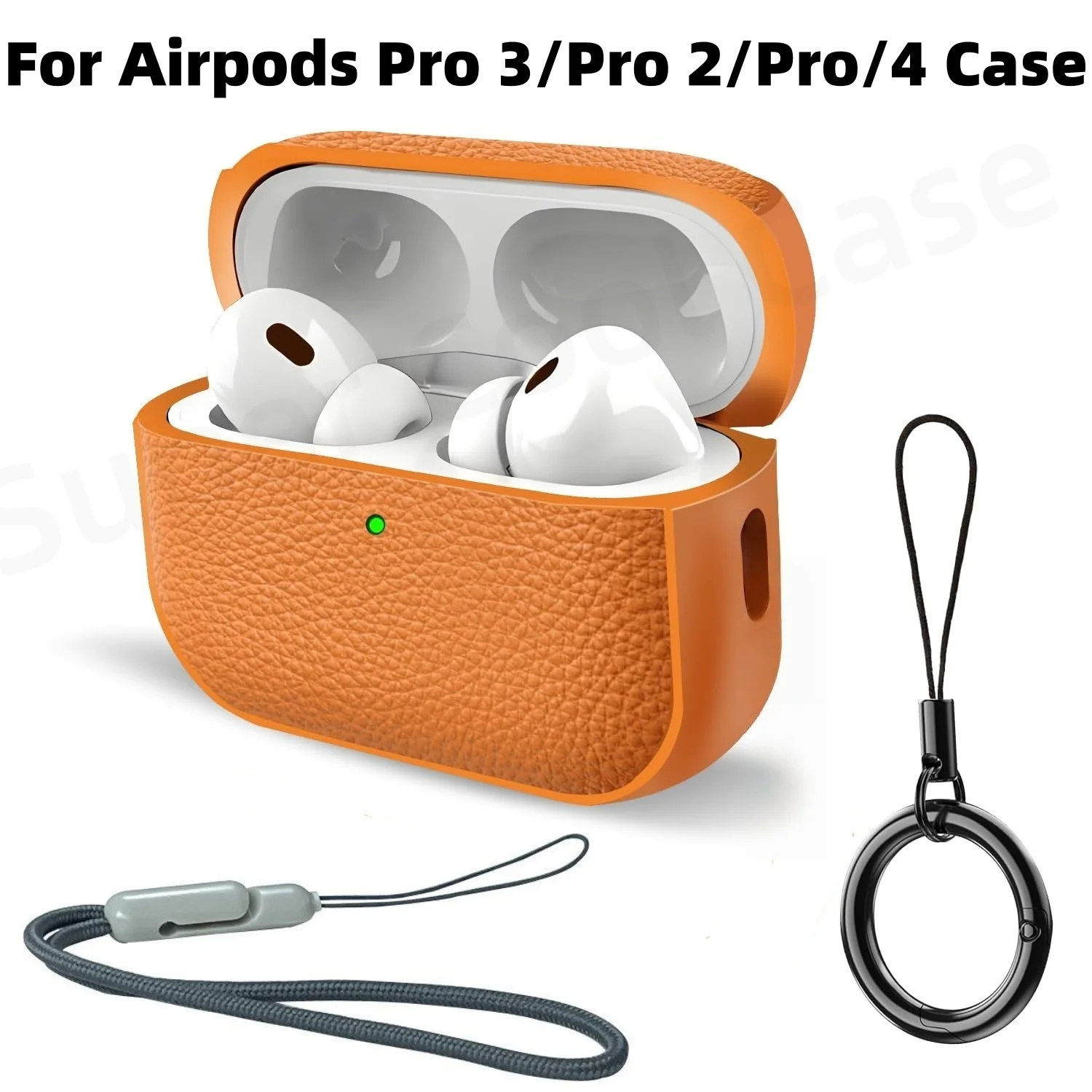 Leather-Texture Case for AirPods Pro 3/Pro 2/Pro Shockproof Protective Cover with Keychain Front LED Visible for AirPods Pro 3/4
