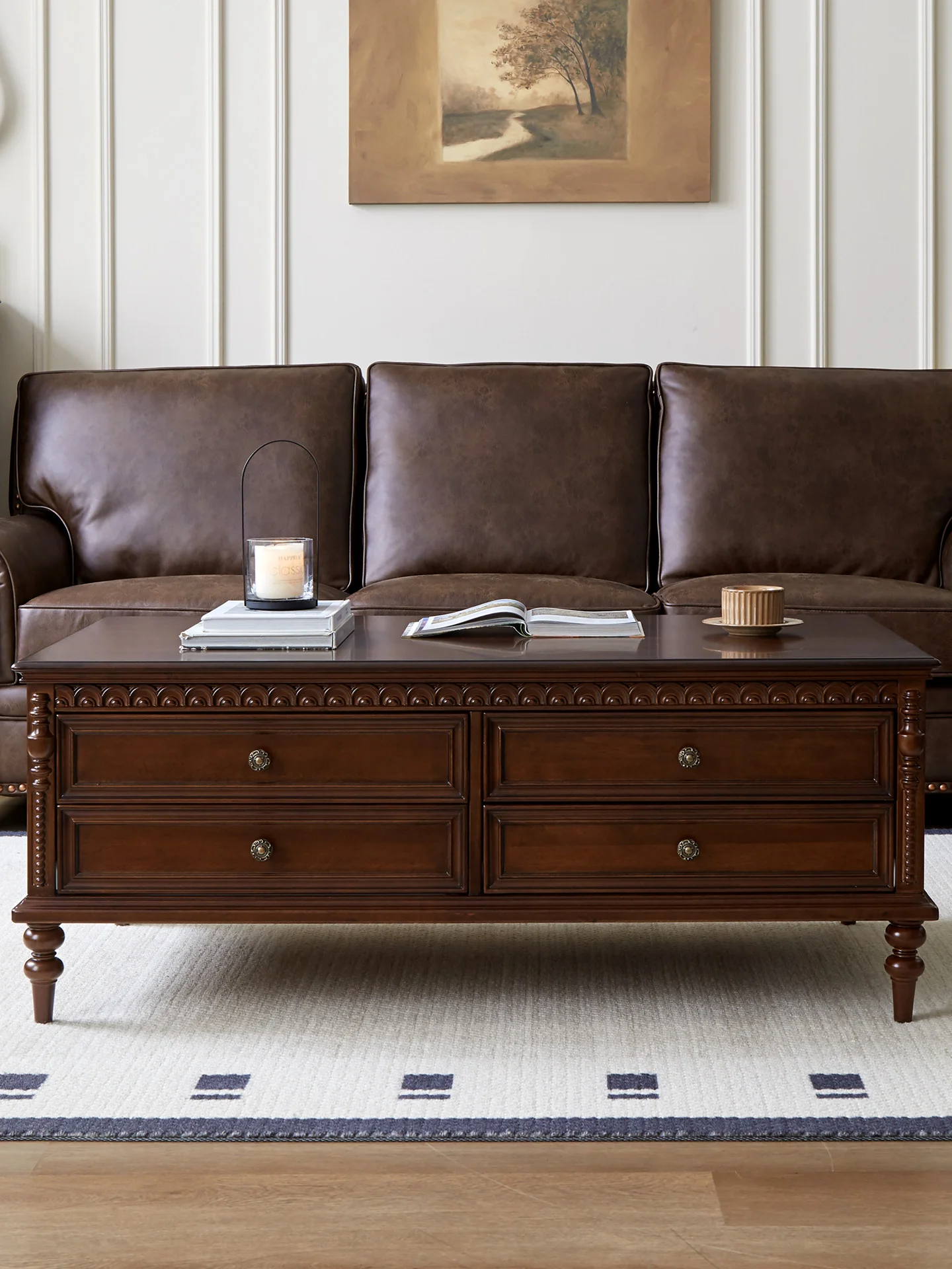 Table basse en bois massif pur, salon rétro double couche pour usage domestique