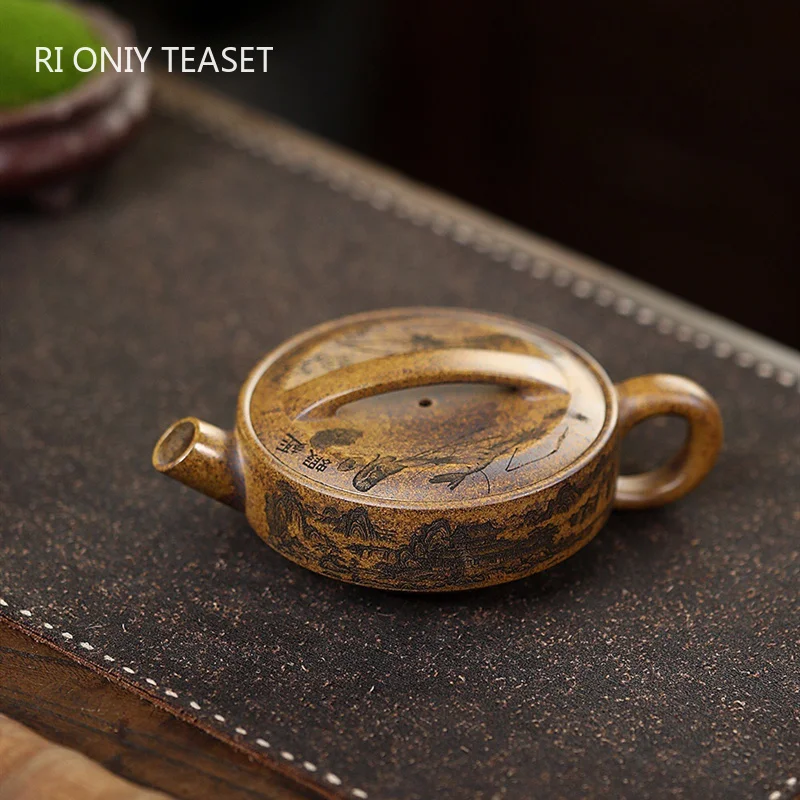 180ml Chinese Yixing Purple Clay Teapots Antique Handmade Large Caliber Tea Pot Raw Ore Keel Gold Sand Kettle Zisha Tea Set