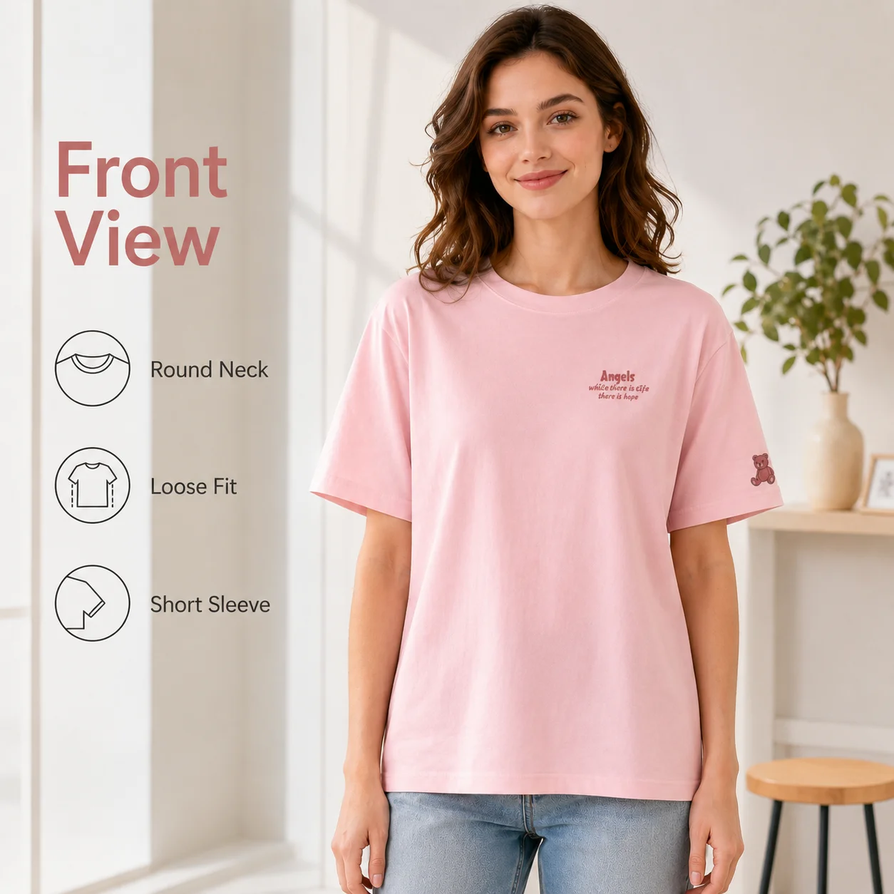 Women Cotton Oversized T Shirt Loose Fit Short Sleeve Cute Bear Sleeve Print Summer Casual Tee S-3XL