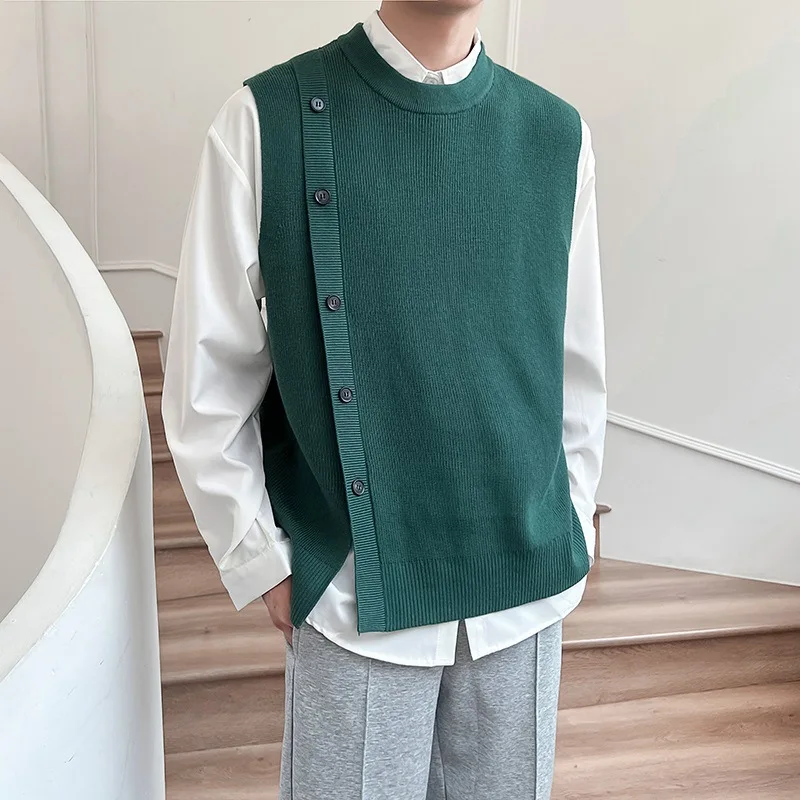 

Asymmetric Design Men's knitted Vest Spring and Autumn Sleeveless O-neck Sweater Coat Korean Fashion Tank Tops Male Waistcoat