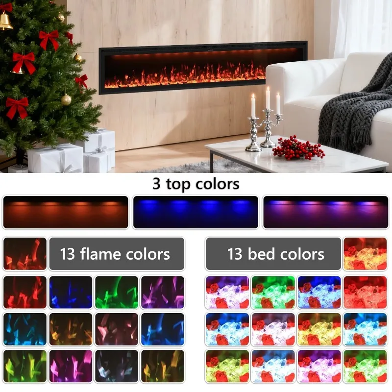 74 Inch Modern Smart Electric Fireplace LED Flame 1500W Wall-Mounted Heater WiFi App Voice Control CE ETL Certified Hotel Use