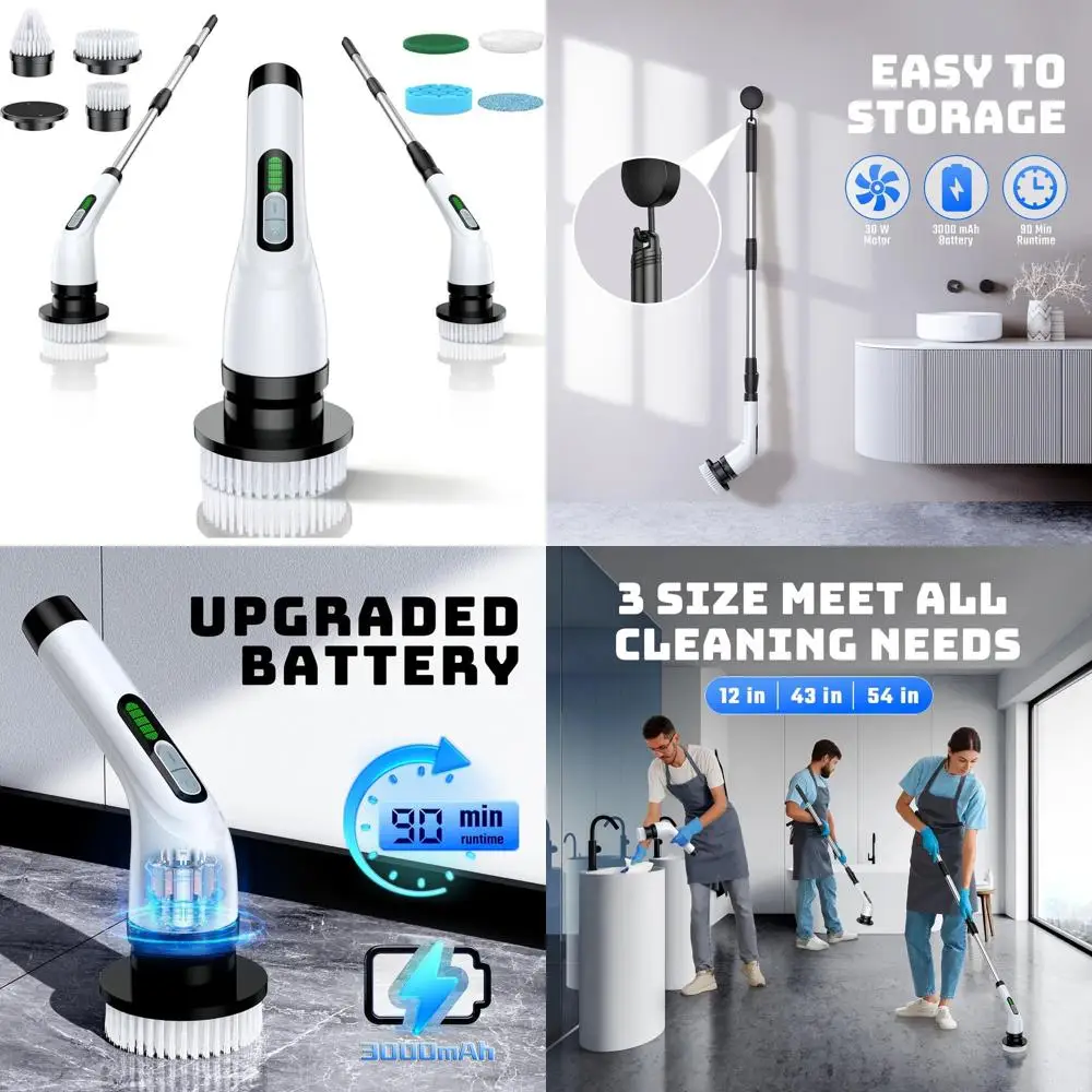 

Беспроводная двухскоростная вращающаяся щетка-скруббер с 7 насадками для чистки ванной комнаты, стекла, плитки и автомобилей (водонепроницаемая)