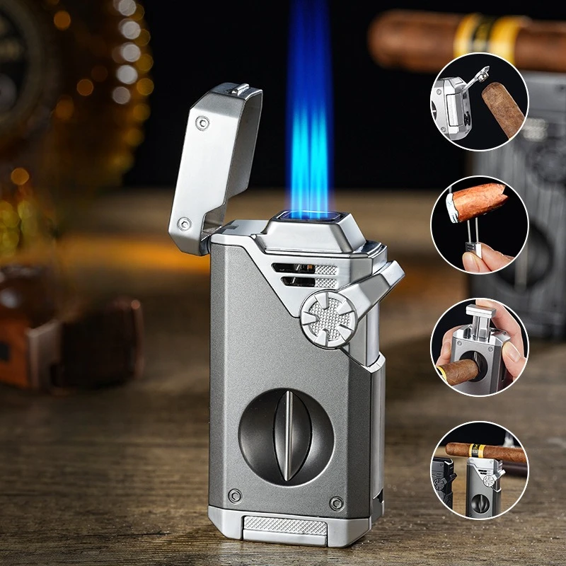 

All in 1 Four Blue Flame Rocker Cigar Lighter with V-Cigar Cutter Cigar Rig Anti-Hot Fork Visual Gas Window Cigarette Lighter