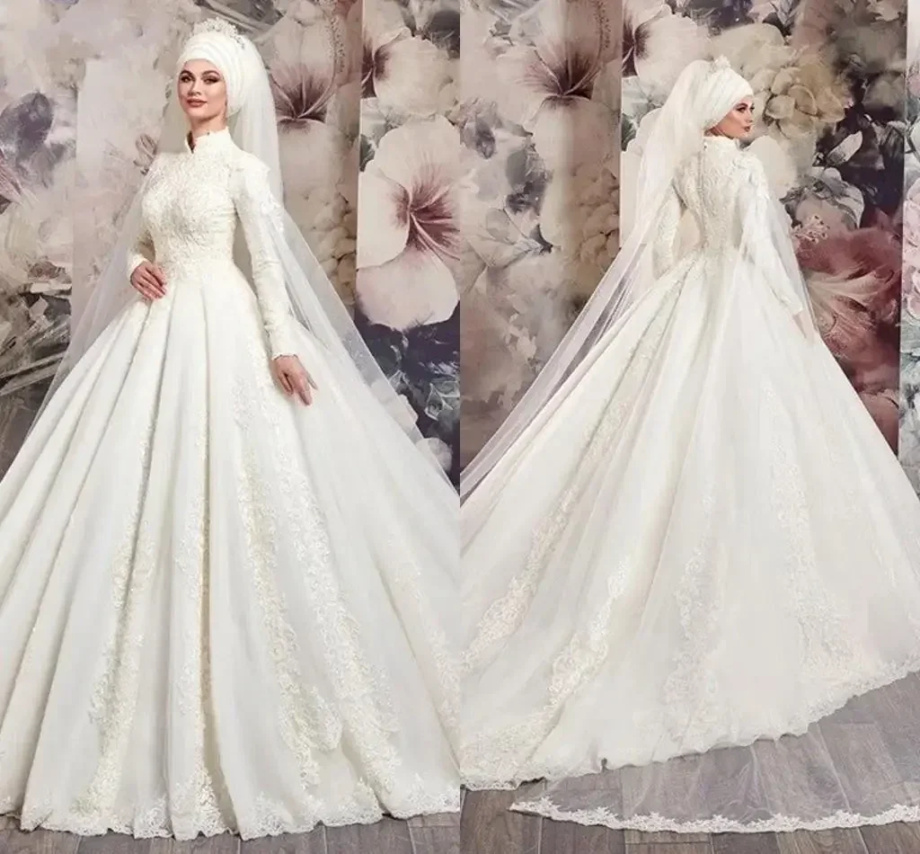 Customized High Collar Muslim Lace Ballgown Wedding Dress Satin Pleated Long Sleeves Country Vintage Bridal Gowns