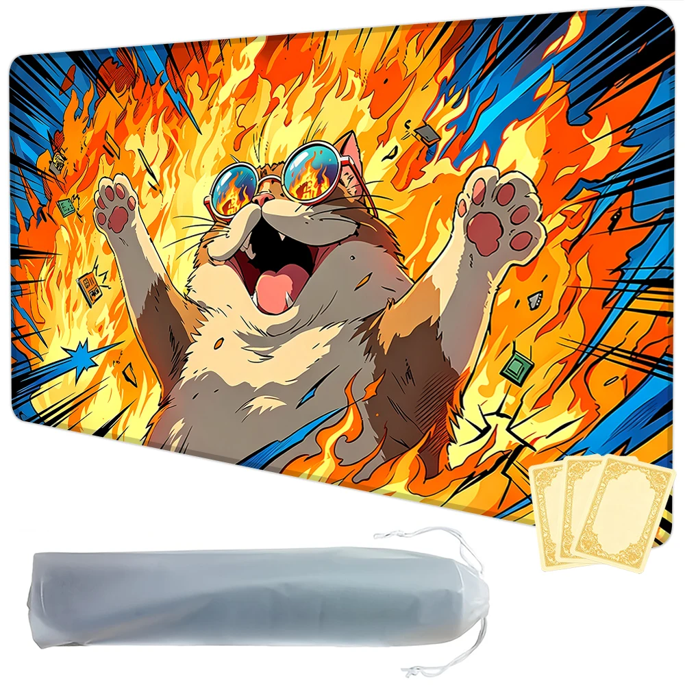 Happy Flame Cat TCG Playmat Magic Playmat Gathering Gaming Mat with Stitched Edge Anti-slip base 60X35cm Trading Card Game