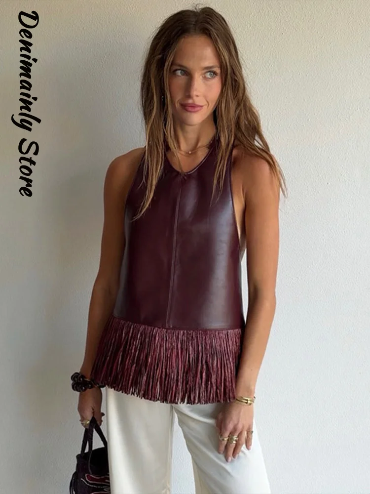Fashion Sleeveless Faux Leather Tank Top Women Burgundy Fringe Hem Casual Party Vest 2026 Summer Beach Holiday Chic Wear New